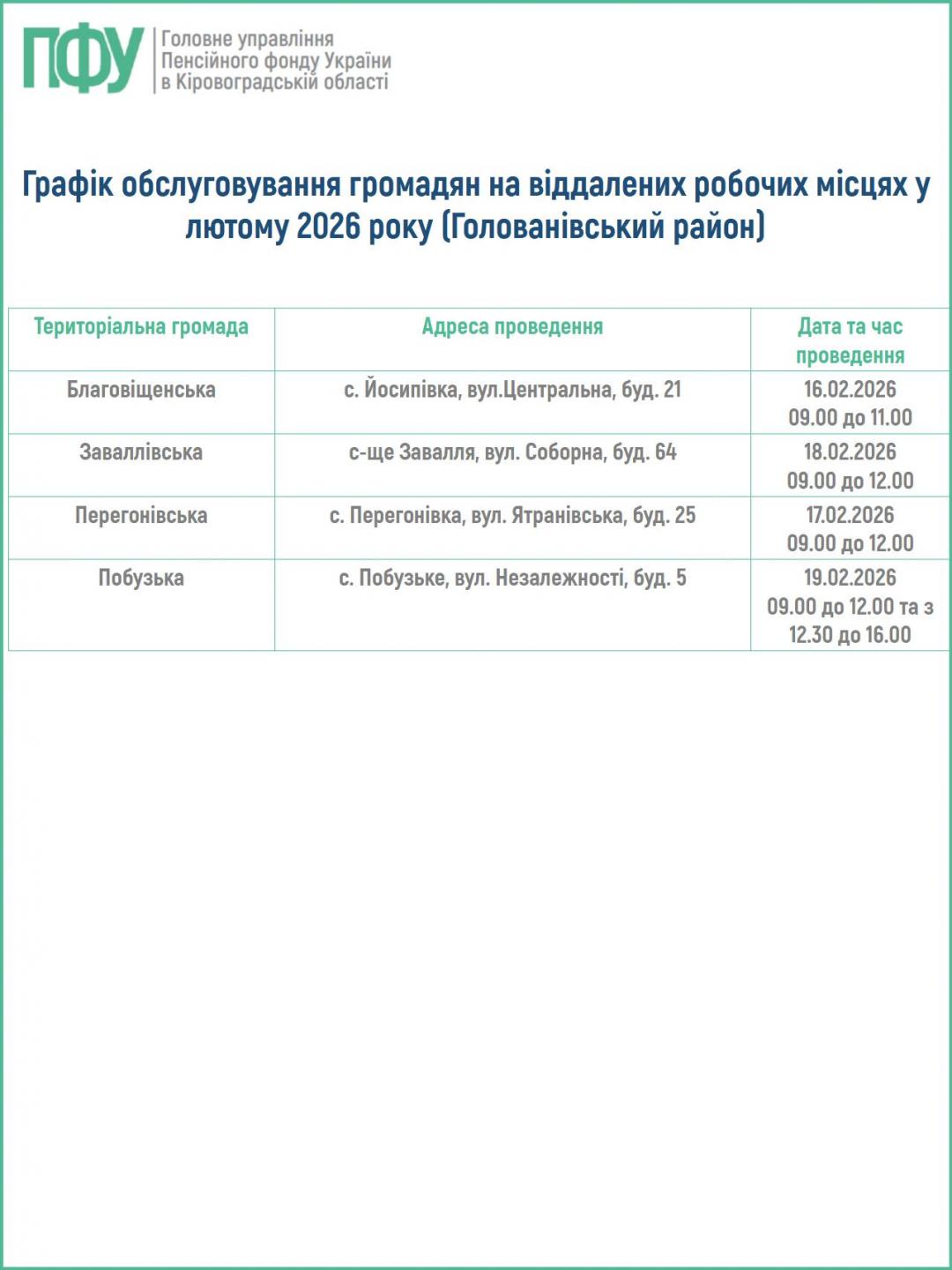 VRM Golovan rajon - Графік обслуговування громадян на віддалених робочих місцях у лютому 2026 року (Голованівський район)