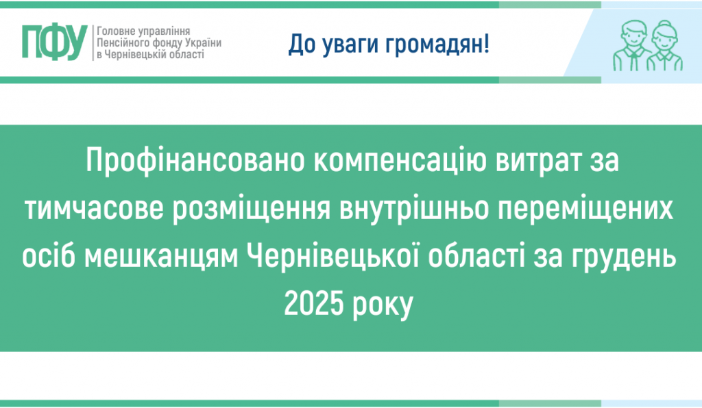 Golovne upravlinnya Pensijnogo fondu Ukrayiny v CHernivetskij oblasti 2026 01 12T134434.333 1024x596 - Профінансовано компенсацію витрат за тимчасове розміщення внутрішньо переміщених осіб мешканцям Чернівецької області за грудень 2025 року
