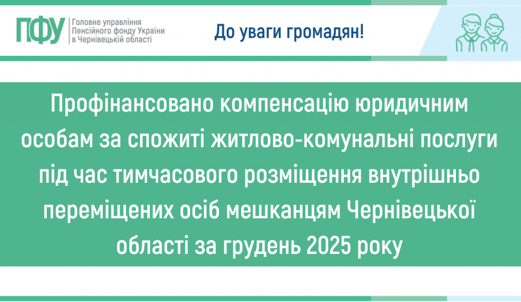 Golovne upravlinnya Pensijnogo fondu Ukrayiny v CHernivetskij oblasti 2026 01 12T134610.226 1024x595 - Профінансовано компенсацію юридичним особам за спожиті житлово-комунальні послуги під час тимчасового розміщення внутрішньо переміщених осіб мешканцям Чернівецької області за грудень 2025 року